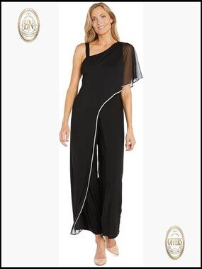 One Shoulder Capelet Jumpsuit with Chiffon Overlay & Rhinestone Trim